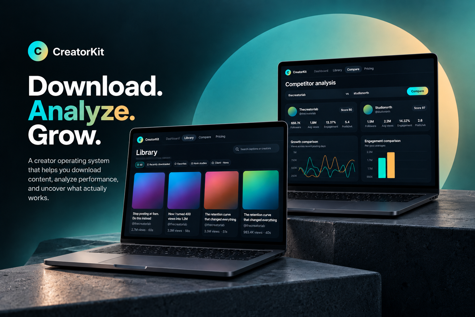 CreatorKit presented across two laptops, showing the content library and competitor analytics dashboard