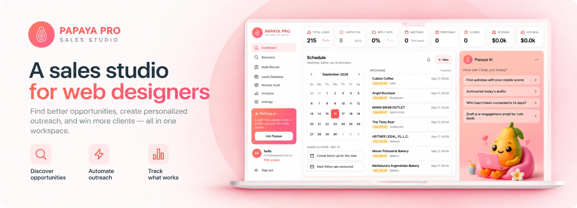 Papaya Pro sales studio cover — branding, headline, and a laptop showing the leads, follow-ups, and Papaya AI dashboard