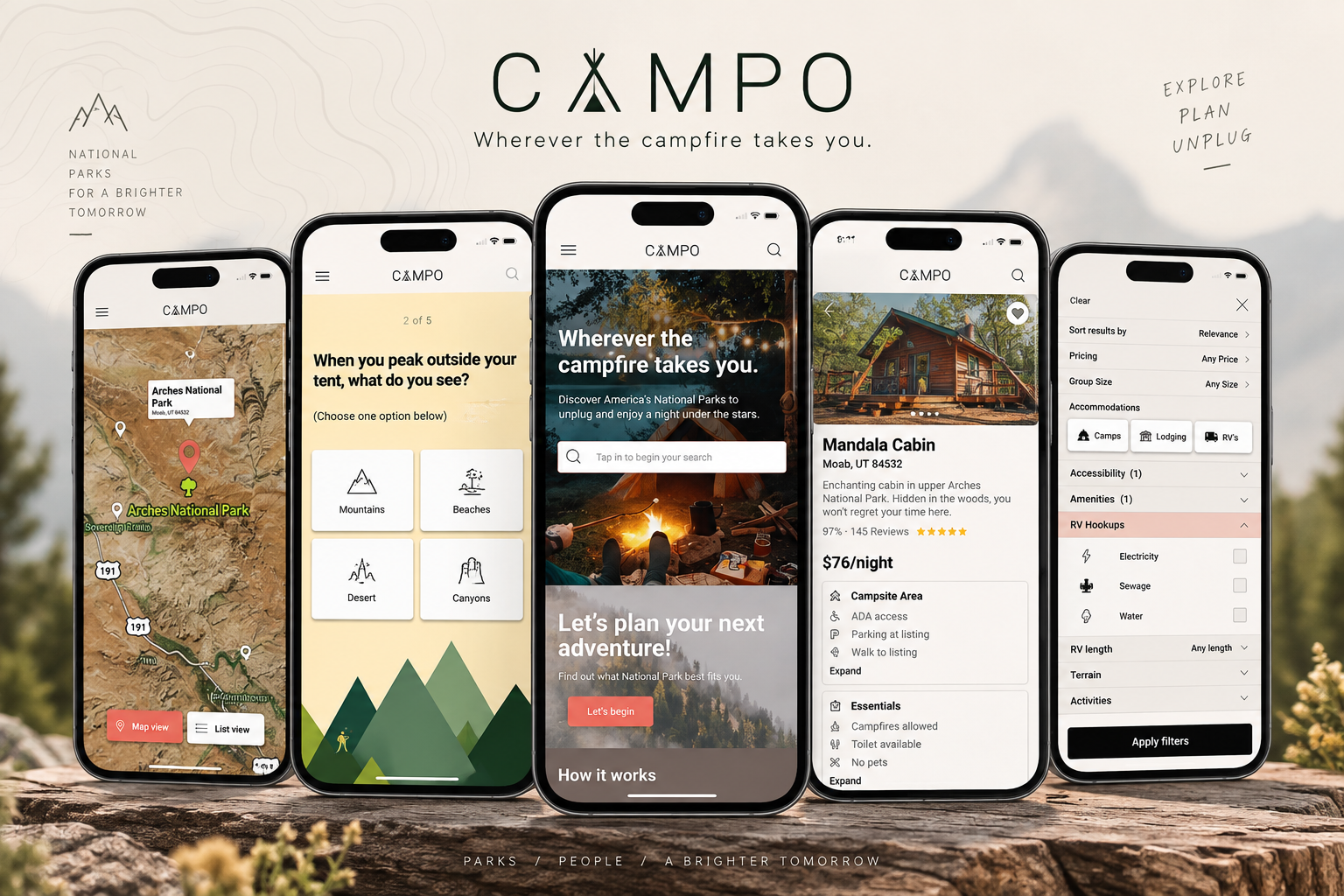Five CAMPO mobile app screens showing map, trip matching, home, campsite details, and filters