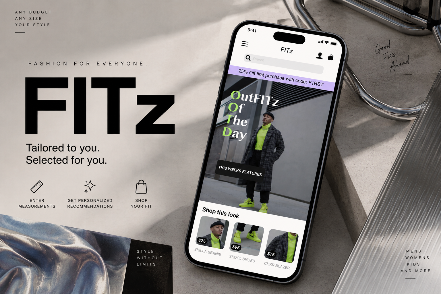 FITz personalized fashion app showing measurements, recommendations, and shop-your-fit screens